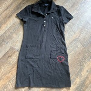 Tommy Hilfiger Black Polo‎ Dress Short Sleeve Heart Embroidery Mini XS Preppy